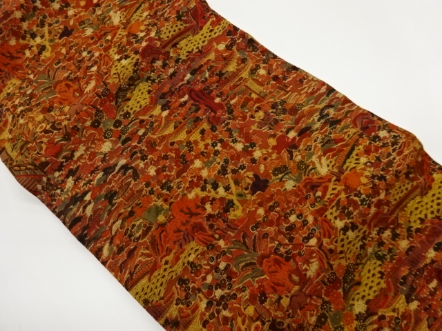 縮緬地手描き屋敷に庭園・人物模様名古屋帯